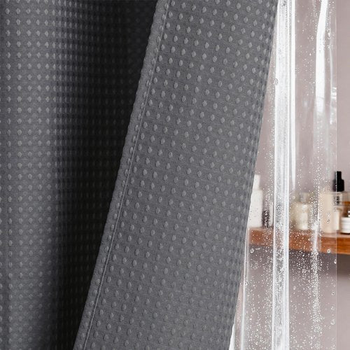 Dynamene Extra Long Shower Curtain and Liner Set - 96 inch Tall Waffle Fabric, Waterproof Clear Liner, Heavy Duty Weighted Hotel Luxury Shower Curtains for Bathroom with 12 Hooks, 72x96, Charcoal Grey
