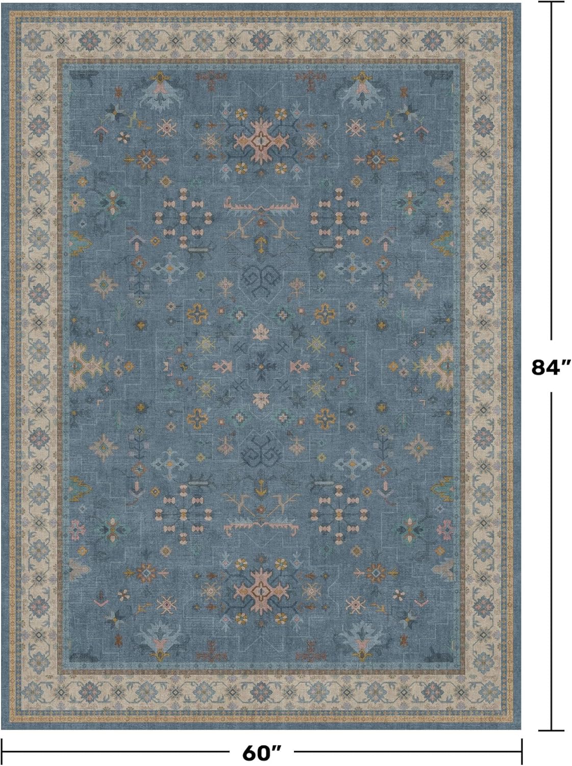 Skiennix Washable 5x7 Blue Rug - Colorful Low-Pile Carpet for Kids Room & Nursery | Non-Slip Design