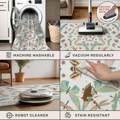 Hazo Haus Boho Bathroom Runner - 2x6 Non-Slip Washable Rug in Blue and Green Butterfly Print