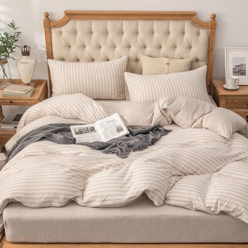 PURE ERA Jersey Knit Duvet Cover Set 100% T-Shirt Heather Cotton Super Soft Comfy Classic Striped Design, with Zipper Closure, Heather Beige Stripe, King