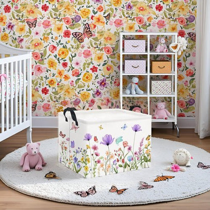 HIYAGON Rectangular Baby Girl Basket Kids Baby Storage Basket Toy Storage Bin Organizer Box Room Decor(Purple Flower)