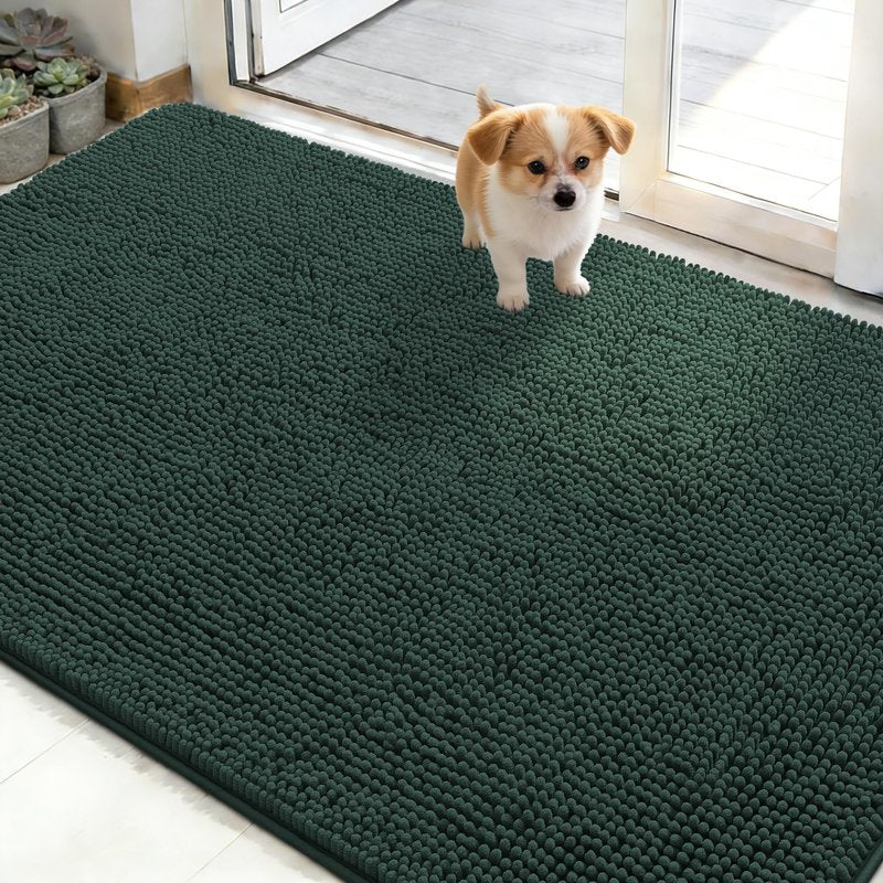 OLANLY Dog Door Mat for Muddy Paws 48x30, Absorbs Moisture and Dirt, Absorbent Non-Slip Washable Doormat, Quick Dry Chenille Mud Mat, Entry Indoor Entryway Carpet for Inside Floor, Blackish Green