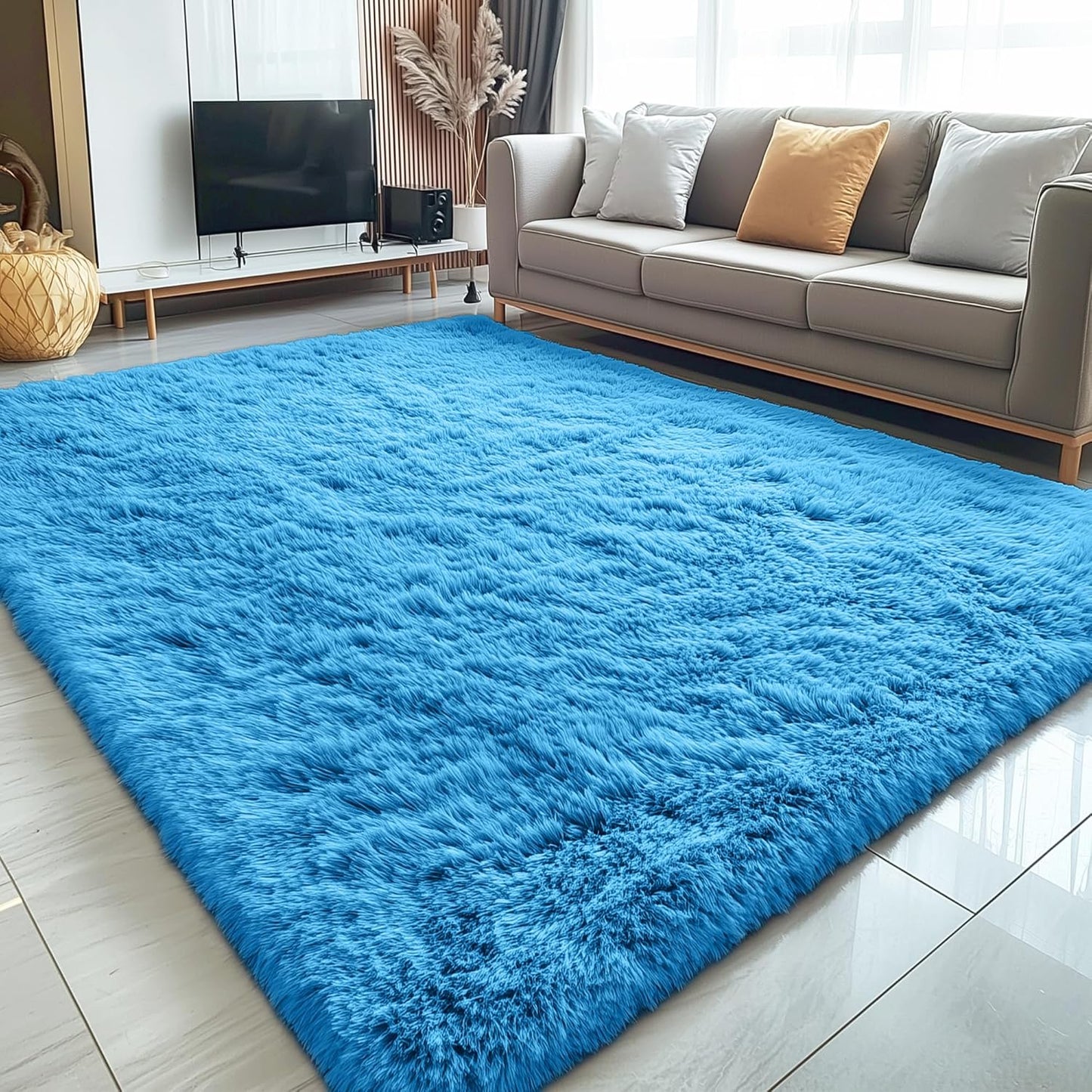 OLANLY Large 5x8 Machine Washable Area Rug - Soft Fluffy Shaggy Carpet for Living Room & Bedroom - Bright Blue