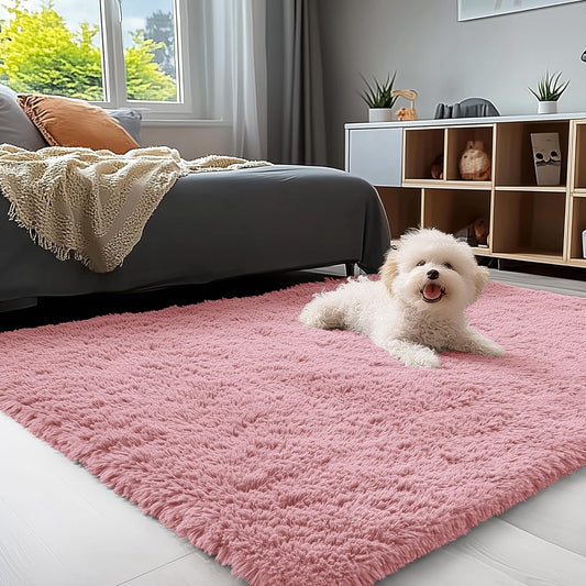 OLANLY Soft Fluffy Shaggy 3x5 Bedside Rug - Machine Washable Indoor Carpet for Kids & Nursery | Pale Pink