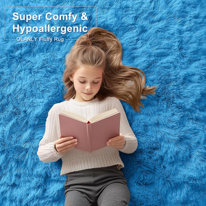 OLANLY Soft Fluffy Shaggy Bedside Rug - Machine Washable 2x3 for Bedroom & Living Room | Bright Blue Home Decor