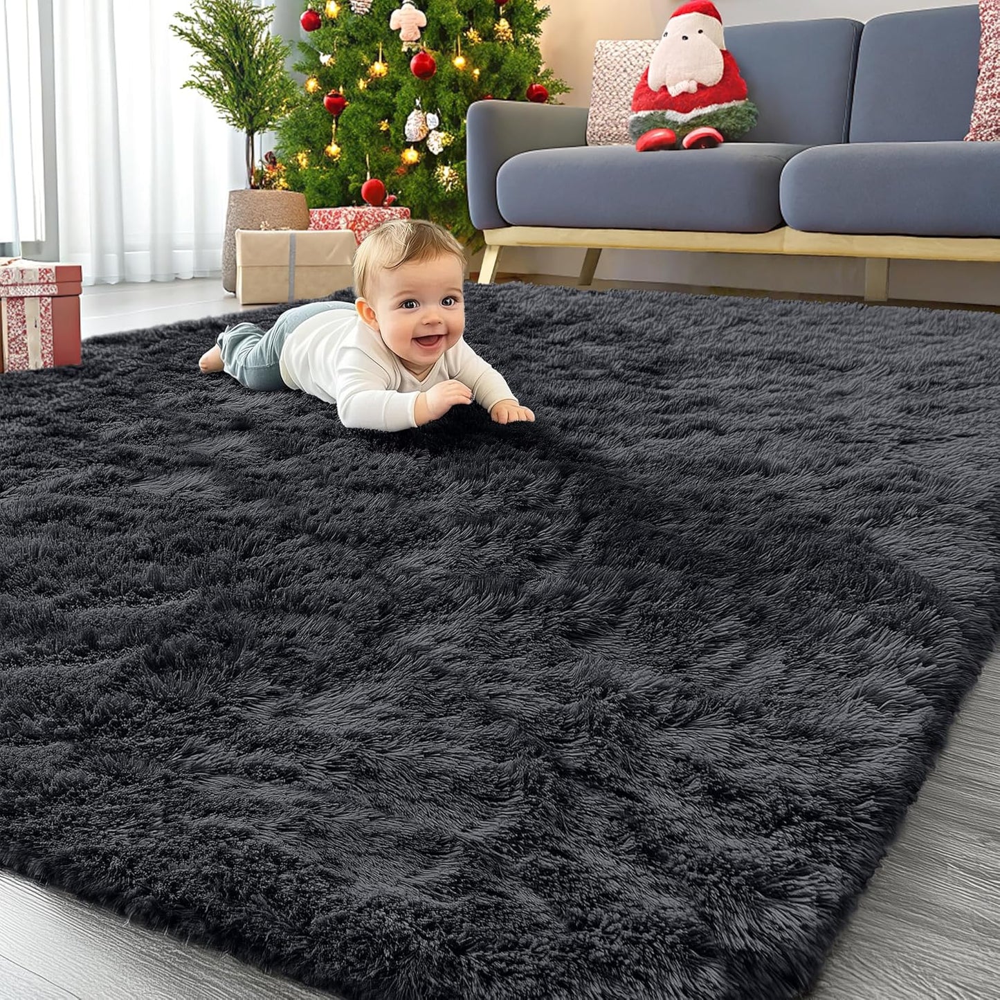 OLANLY 6x6 Area Rug - Soft Fluffy Shaggy Design | Machine Washable Indoor Carpet for Living Room & Bedroom, Black