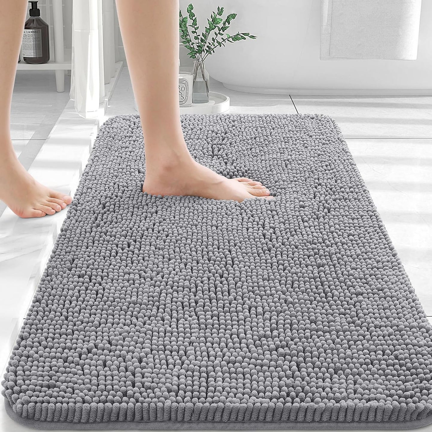 OLANLY Chenille Bath Rug Set - U-Shaped Toilet Rugs & Bath Mat | Grey, 3-Piece Bundle (30x20 & 24x20)