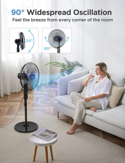 PELONIS 16" Oscillating Pedestal Stand Up Fan | Adjustable Height | Ultra Quiet DC Motor | Remote Control | 12 Speed | 12-Hour Timer | High Energy Efficiency | for Bedroom Home Office Use | Black