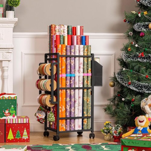 Aquzee Gift Wrapping Paper Organizer - Vertical Storage Cart with 9 Adjustable Rods & 12 PCS Slap Bands - Black