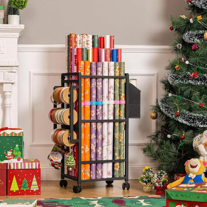 Aquzee Gift Wrapping Paper Organizer - Vertical Storage Cart with 9 Adjustable Rods & 12 PCS Slap Bands - Black