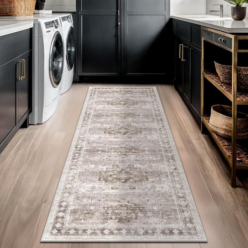 Hazo Haus Boho Bathroom Rug - Vintage Floral Design | 2x5 Non-Slip Washable Runner in Beige Latte