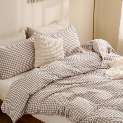 TOCOMOA Tan Gingham Duvet Cover Bedding Set 100% Washed Cotton Like Linen Feel Super Soft Comfy 3 Piece Brown Vintage Plaid Checkered Fall Comforter Cover Set (King 104"x90", Comforter Not Included)