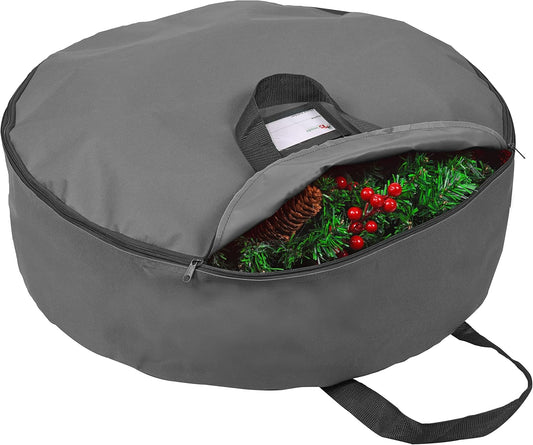 Primode Christmas Wreath Storage Bag - Heavy Duty 24" Container with Handles - Durable 600D Oxford Polyester (Gray)