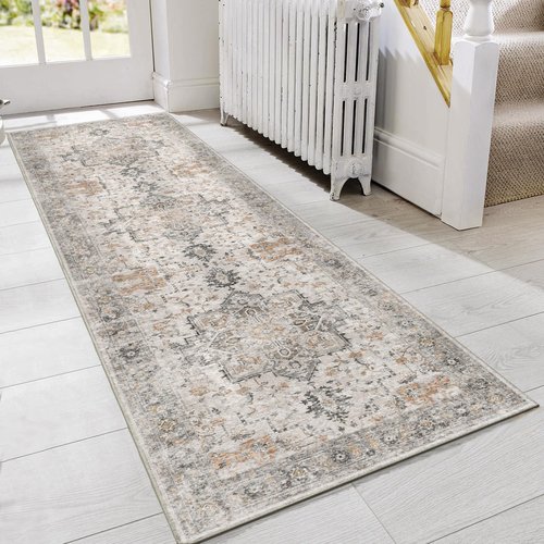 GENIMO Runner Rug 2x5 Non Slip Machine Washable Vintage Hallway Runner Rug, Low Pile Lightweight Rugs for Entryway, Hallway, Kitchen and Corridor, Light Taupe Brown