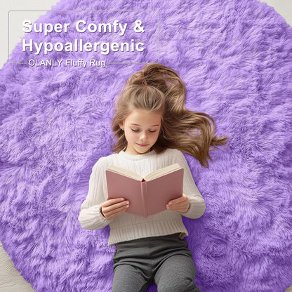 OLANLY Purple Round Area Rug - Soft, Fluffy, Machine Washable 9 ft Circle Carpet for Bedroom & Living Room