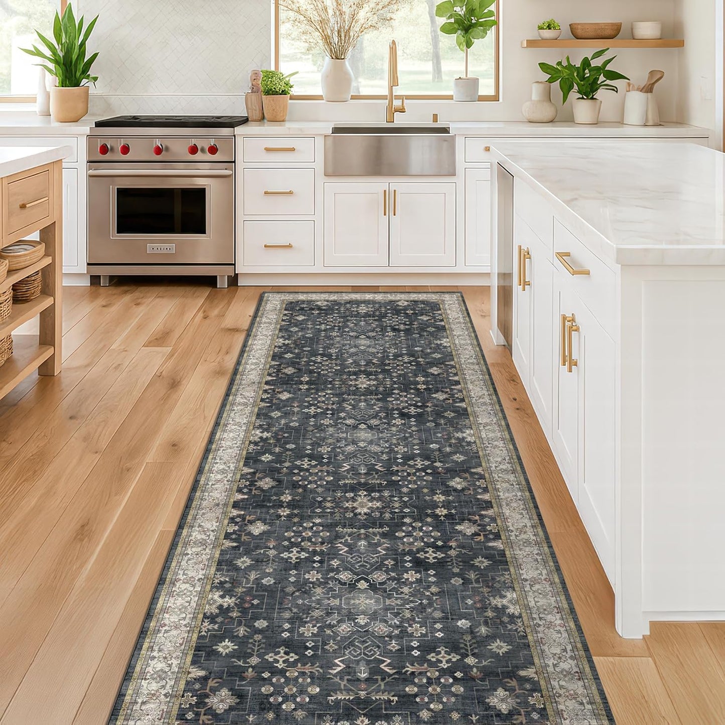 Skiennix Black Washable 8ft Long Runner Rug - Non-Slip Boho Vintage Design for High Traffic Areas