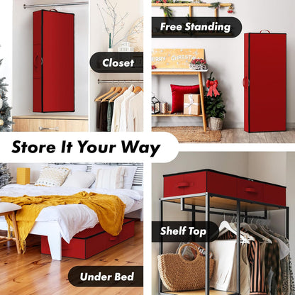 Simple Houseware Wrapping Paper Storage Organizer - Holds 40 Rolls with Adjustable Straps & Clear Pockets, 41.5''L x 16''W, Red