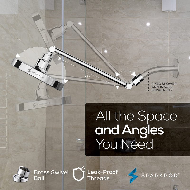 SparkPod Round Rain Shower Head with Extension Arm - Height Adjustable Shower Head with High Pressure Performance - Easy 1-Minute Installation (11" Arm Extension, Luxury Polished Chrome)
