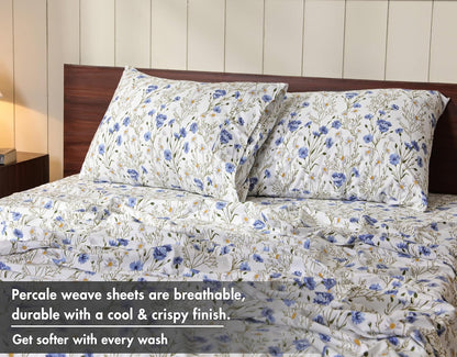 RUVANTI King Size Cotton Sheets - 100% Percale Bedding, Cooling Floral Design, 4-Piece Set, 16" Deep Pocket, Soft & Durable