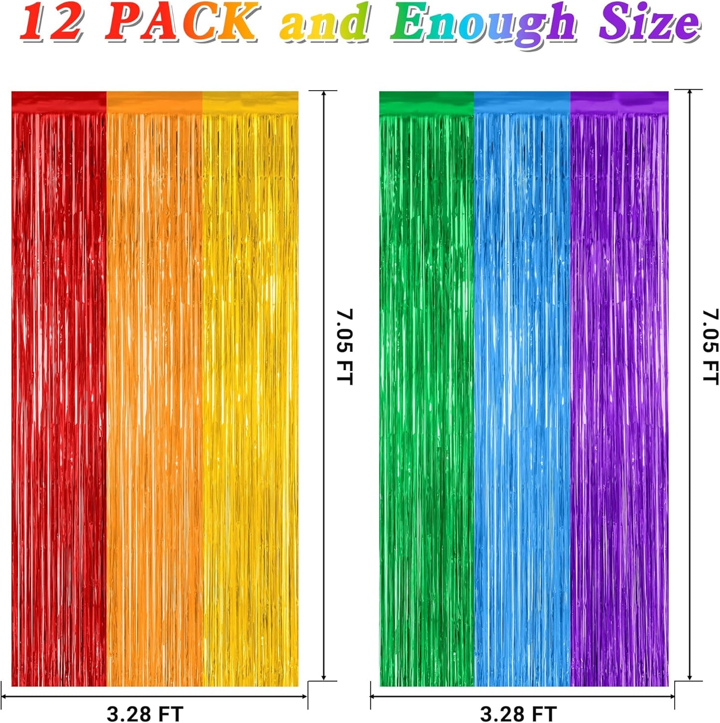 Skiennix Rainbow Backdrop - 12 Pack Metallic Fringe Curtains | 3.28 FT x 7.05 FT Pride Party Decor