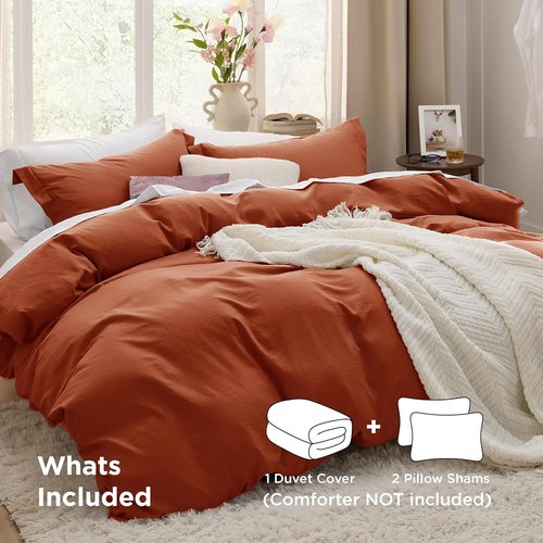 Bedsure Terracotta Duvet Cover Set - Extra Soft Prewashed Cotton-Like Bedding, Queen Size 90x90 Inches with Zipper Closure & 2 Pillow Shams