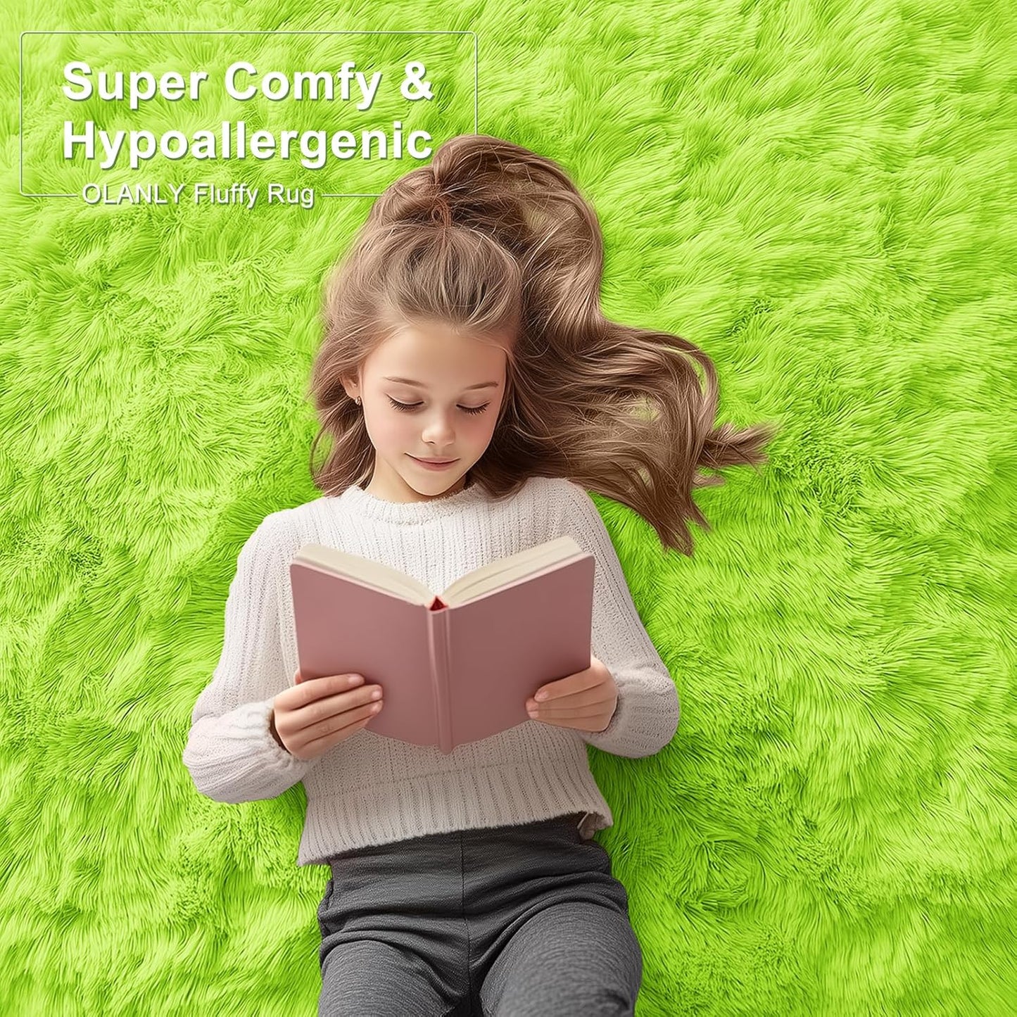 OLANLY 3x5 Soft Fluffy Shaggy Bedside Rug - Machine Washable Indoor Carpet for Kids & Nursery | Lime Green