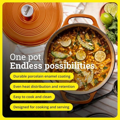Lodge Essential Enamel Cast Iron Dutch Oven - 6 Quart Moisture-Sealing Lid & Dual Handles - Apricot