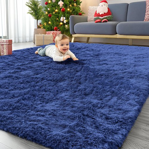 OLANLY 6x6 Area Rugs for Living Room Bedroom, Machine Washable Soft Fluffy Shaggy Bedside Rug, Indoor Floor Carpet for Kids Girls and Boys, Dorms, Nursery Rooms, Home Decor Aesthetic, Navy Blue