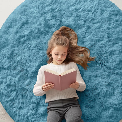 OLANLY Round Slate Blue Area Rug - Soft, Fluffy & Machine Washable 3 ft Circle Carpet for Bedroom & Living Room