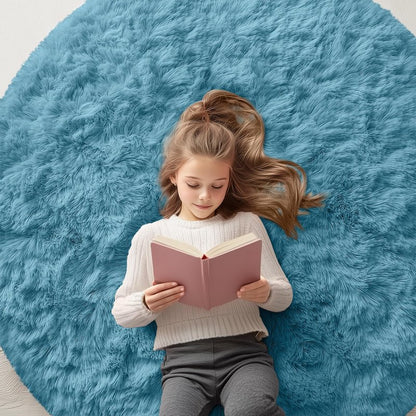 OLANLY Slate Blue Round Rugs for Bedroom - Machine Washable, 2 ft Circle Area Rugs for Living Room, Soft and Fluffy Shaggy Carpet for Teen Girl and Boys, Nursery Rooms, Dorms, Home Decor Aesthetic