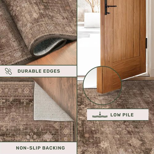 Boho Taupe Brown 3x5 Area Rug - Modern Vintage Washable Non-Slip Design for Entryway & Kitchen