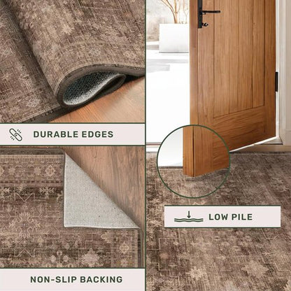 Boho Taupe Brown 3x5 Area Rug - Modern Vintage Washable Non-Slip Design for Entryway & Kitchen