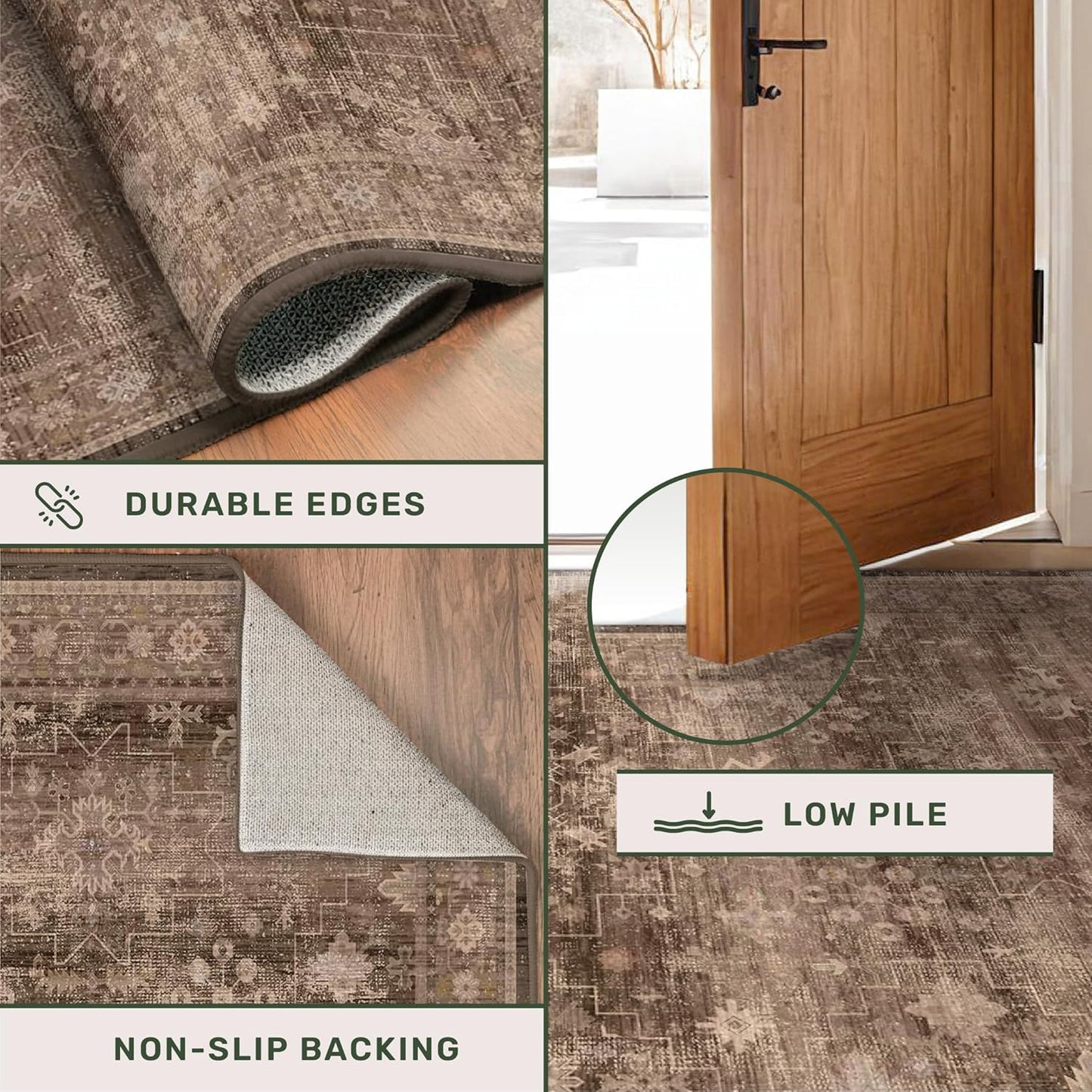 Skiennix Brown Boho Washable Entry Rug - Non-Slip Rubber Backing | 3x4 Indoor Mat in Earthy Taupe Floral Design