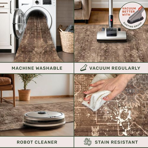 Boho Taupe Brown 3x5 Area Rug - Modern Vintage Washable Non-Slip Design for Entryway & Kitchen
