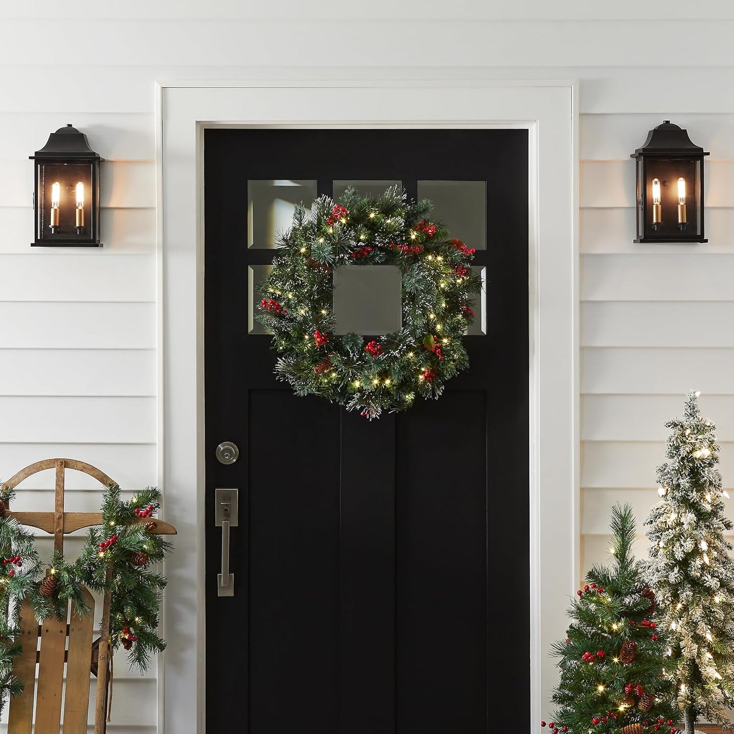 National Tree Company 24-Inch Pre-Lit Wintry Pine Flocked Christmas Wreath - 50 LED Lights, Pinecones & Berries