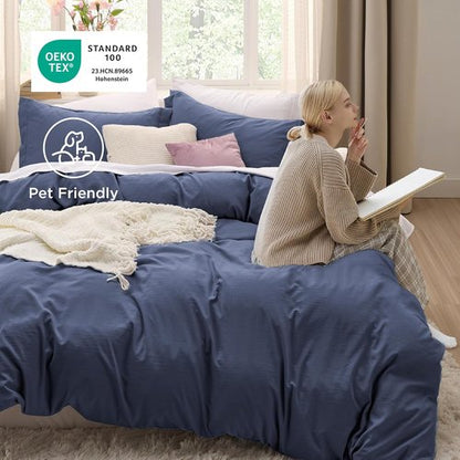 Bedsure Navy Blue King Duvet Cover Set - Extra Soft 3-Piece Prewashed Cotton-Like Polyester, 120x98 Inches
