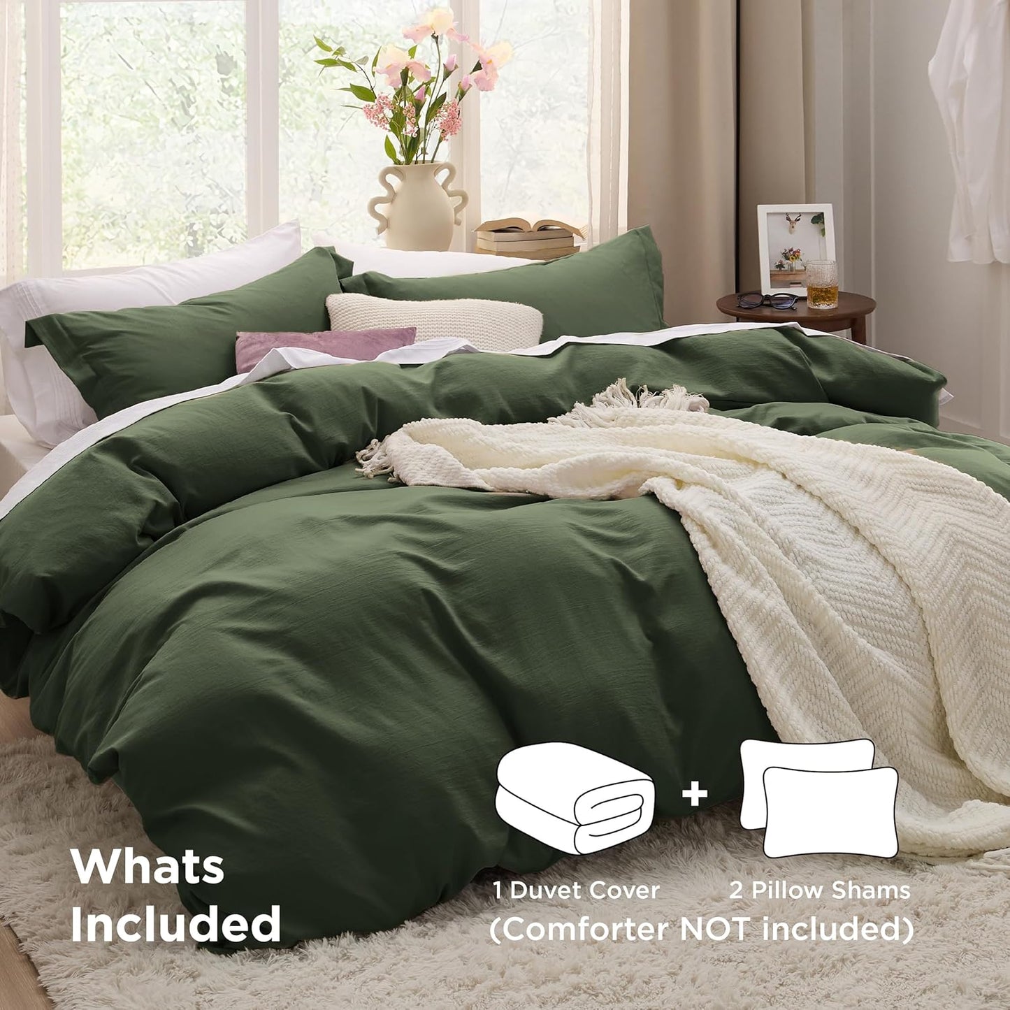 Bedsure Olive Green Duvet Cover Set - Soft Cotton-Like Polyester, Full Size 3-Piece Bedding, 80x90 Inches