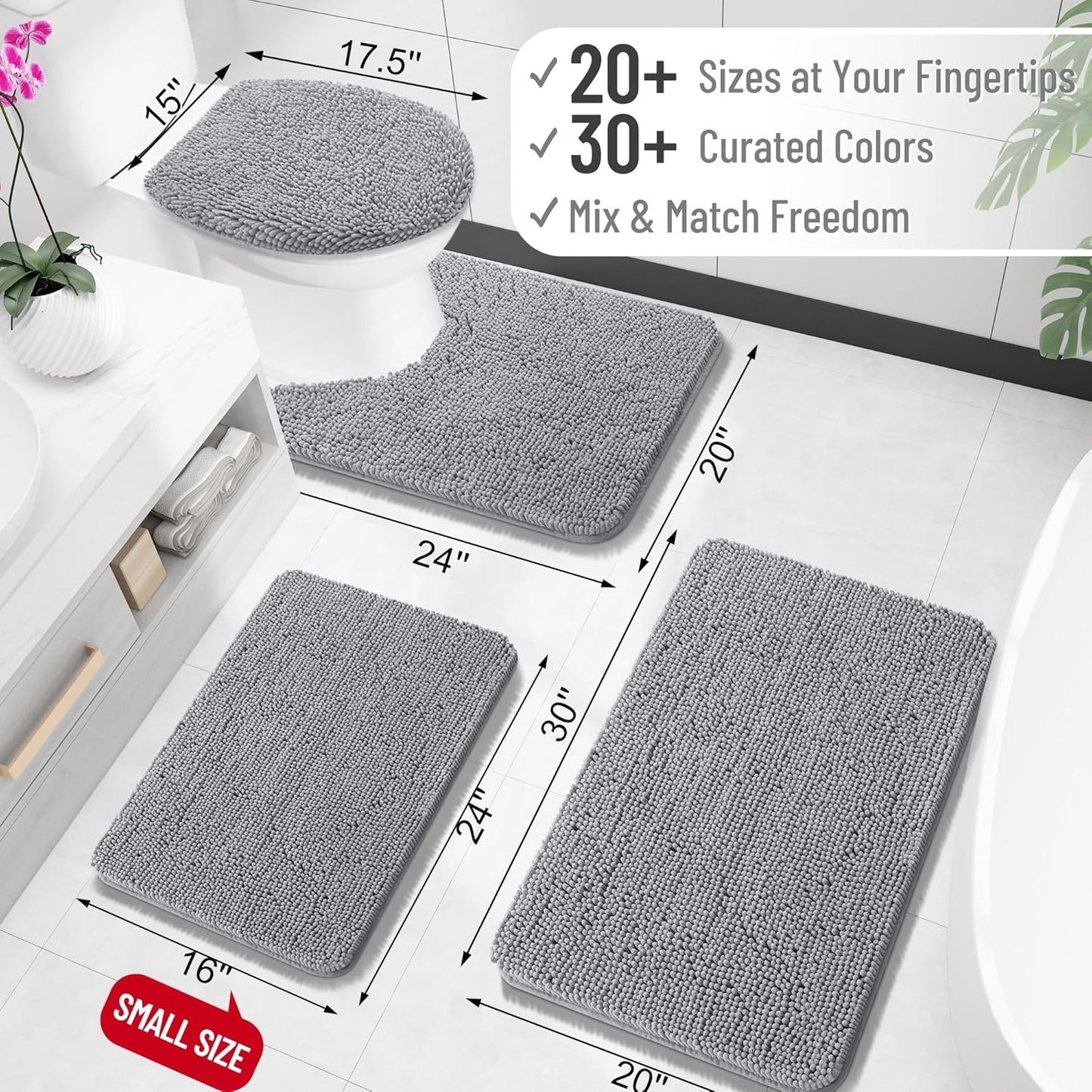 OLANLY Chenille Bath Rug Set - U-Shaped Toilet Rugs & Bath Mat | Grey, 3-Piece Bundle (30x20 & 24x20)