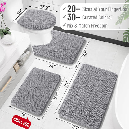 OLANLY Chenille Bath Rug Set - U-Shaped Toilet Rugs & Bath Mat | Grey, 3-Piece Bundle (30x20 & 24x20)