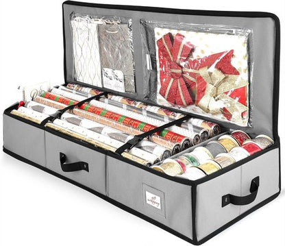 Hearth & Harbor Wrapping Paper Storage Container - Tear-Proof Christmas Gift Wrap Organizer | Holds 22 Rolls, Silver