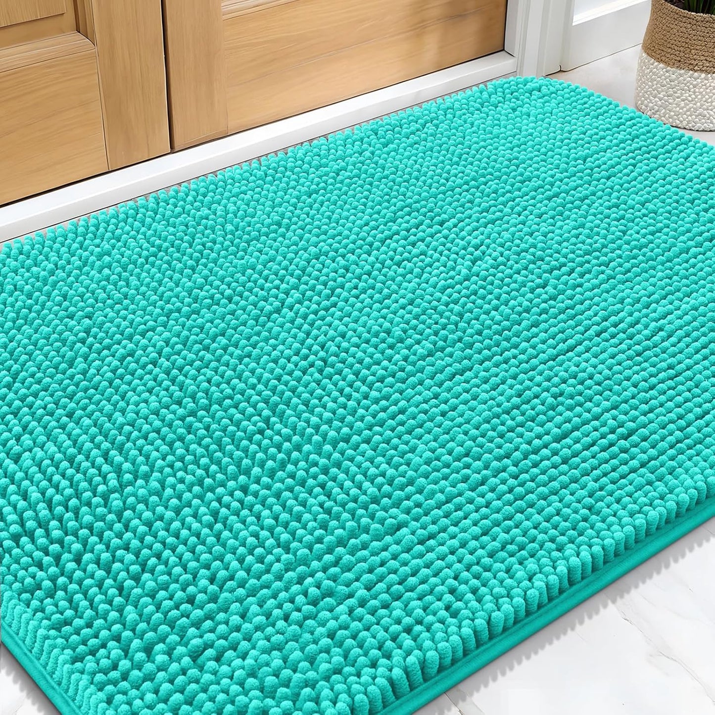 OLANLY Dog Door Mat - Absorbent Non-Slip Chenille for Muddy Paws | 34x21 Inches, Quick Dry, Teal