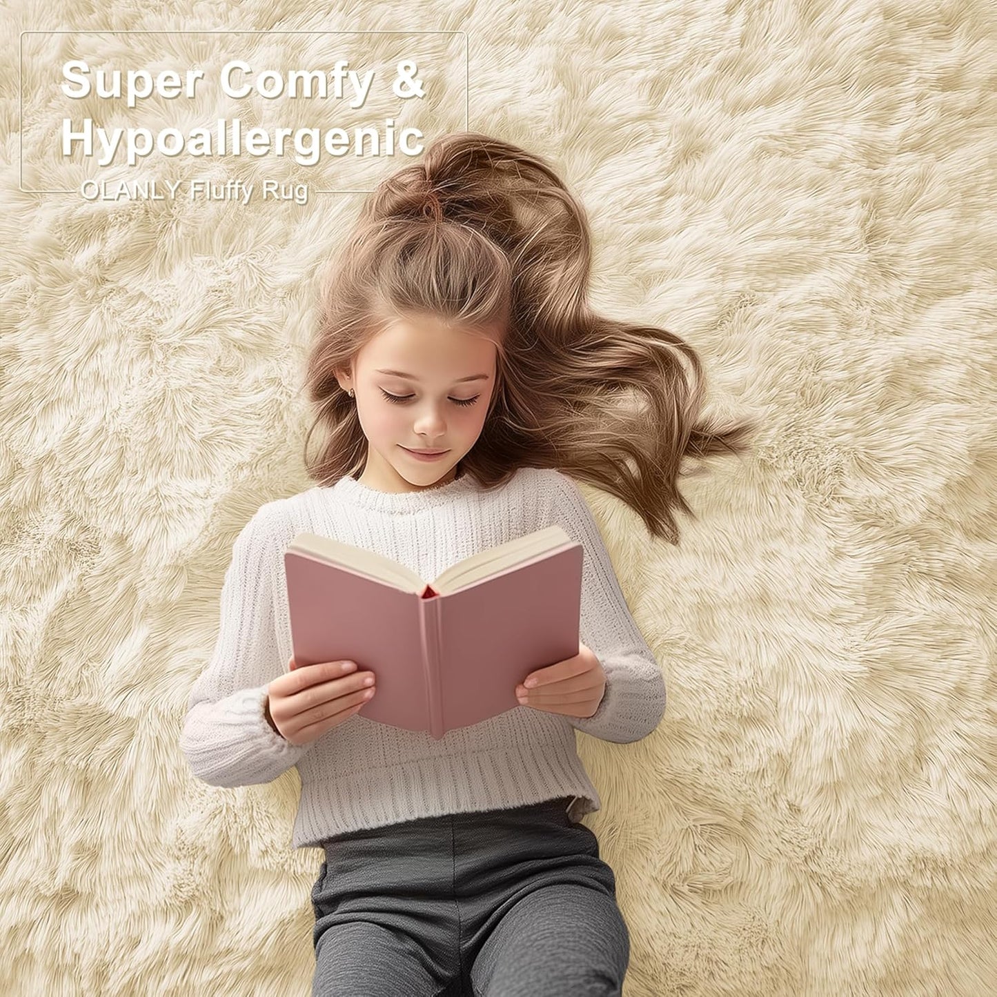 OLANLY Area Rugs - Soft Fluffy Shaggy Carpet for Living Room & Bedroom | Machine Washable 4x5.9 ft in Cream