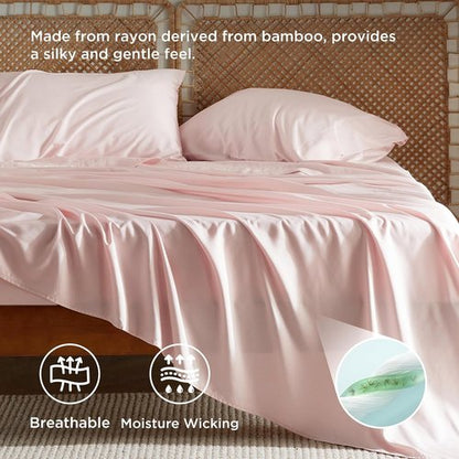 Bedsure Queen Sheet Set - Cooling Bamboo Sheets | Breathable & Soft PureWoven Fabric, Deep Pocket Up to 16 Inches, Pink