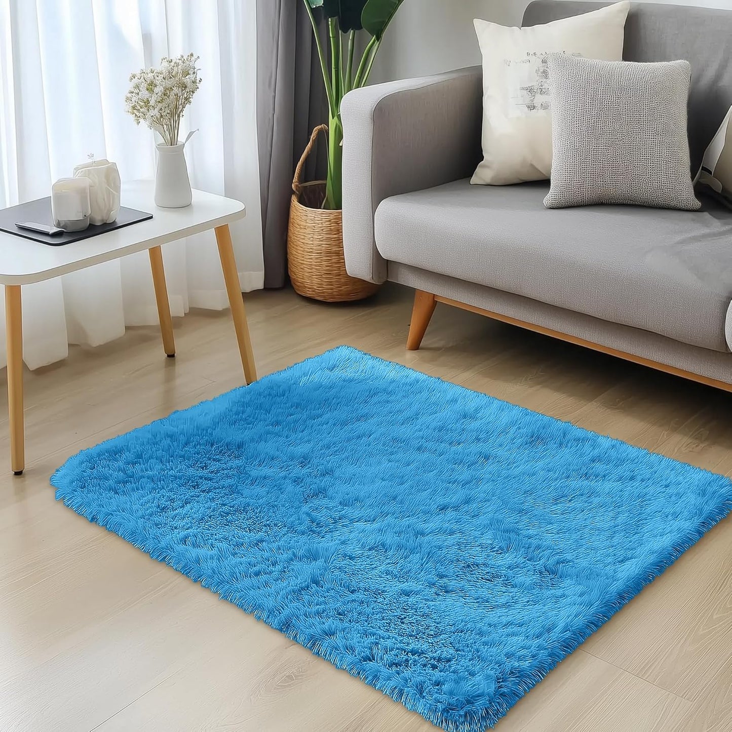 OLANLY Soft Fluffy 3x5 Machine Washable Bedside Rug - Bright Blue Shaggy Carpet for Kids & Home Decor