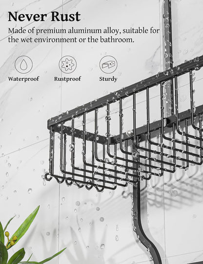 YASONIC Shower Caddy - Large Aluminum Over Shower Head Organizer with 10 Hooks & Soap Basket | Black