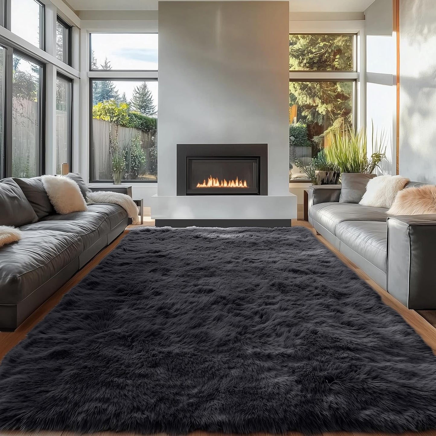 OLANLY Large Area Rug - Soft Fluffy Shaggy Carpet for Living Room & Bedroom | 7x9 ft, Black