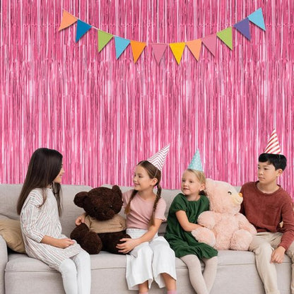 4 Pack Metallic Pink Birthday Backdrop - 3.28 FT x 7.05 FT Fringe Curtains for Parties | Bachelorette & Valentine's Decor