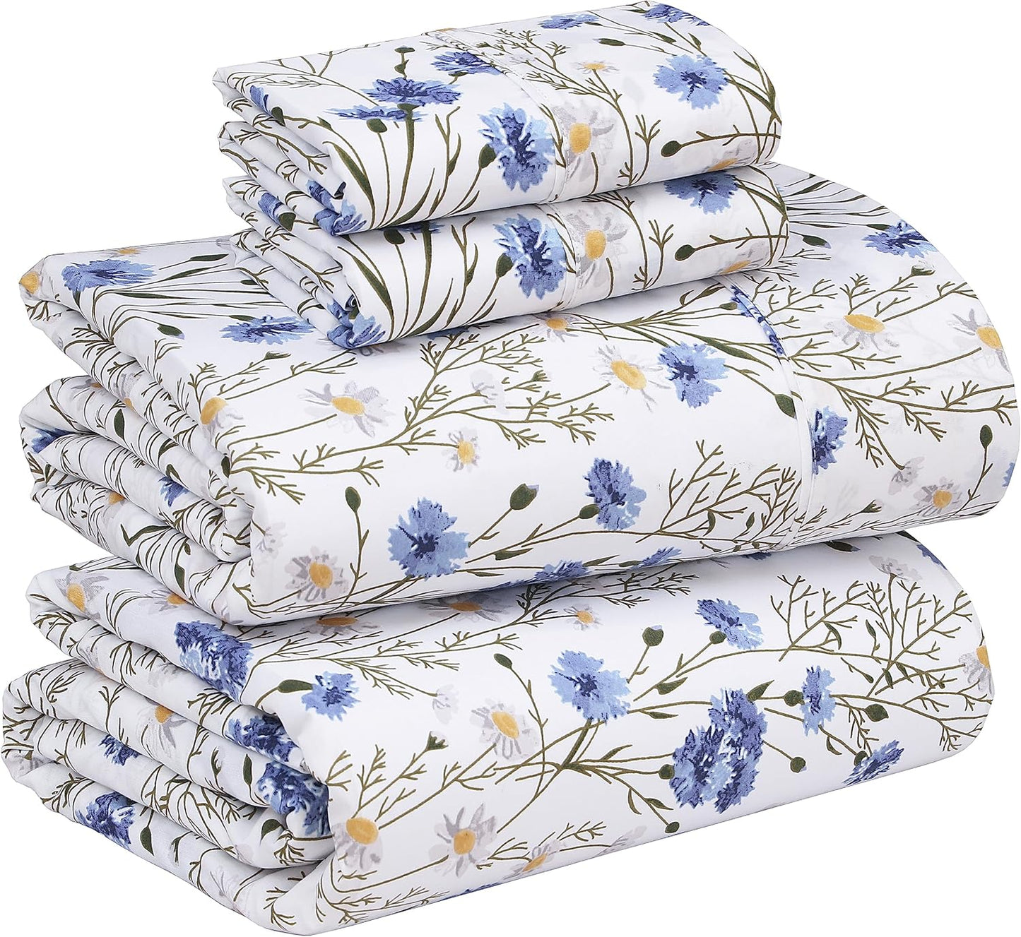 RUVANTI King Size Cotton Sheets - 100% Percale Bedding, Cooling Floral Design, 4-Piece Set, 16" Deep Pocket, Soft & Durable