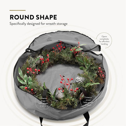 ZOBER Oxford Christmas Wreath Storage Container - 24 Inch Waterproof Bag with Dual Zippers & Durable Handles - Gray