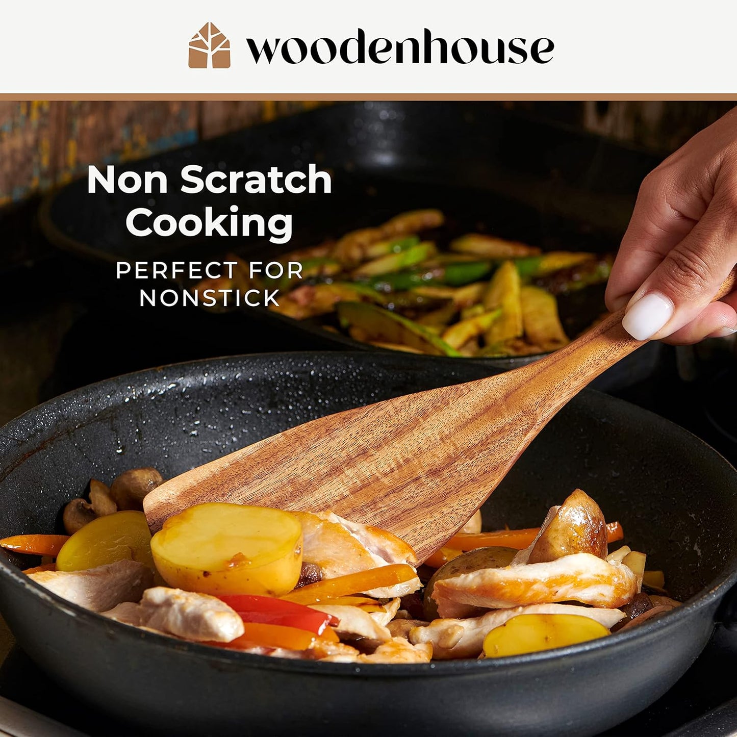Skiennix Wooden Cooking Spoons Set - 6 Pcs Teak Wood Utensils with Comfortable Grip & Non-Stick Design